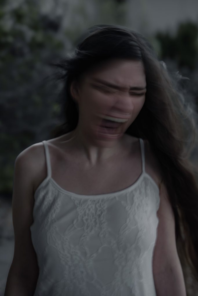 Surrealist portrait of a woman in a white floral dress screaming with motion blur distorting her face outside standing in front of some bushes.   Lyssa Benavidez Photography Elkhorn, NE Lyssab.com Fine Art Photography Surrealist Photography