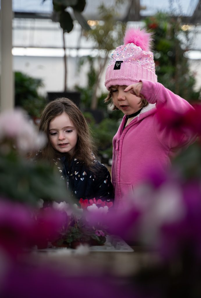 Portrait of two girls looking at flowers together with plants in the foreground and background. Lyssa Benavidez Photography Elkhorn, NE Lyssab.com Lifestyle family photography