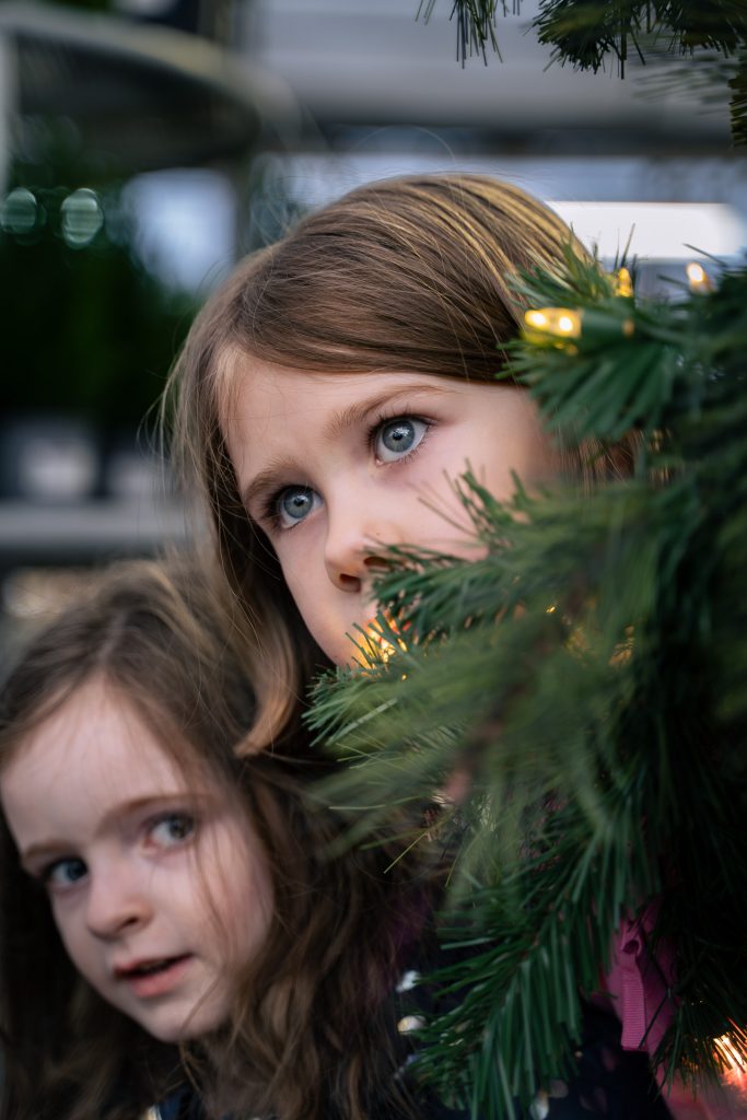 Portrait of two girls peeking around a Christmas tree together with plants in the background. Lyssa Benavidez Photography Elkhorn, NE Lyssab.com Lifestyle family photography